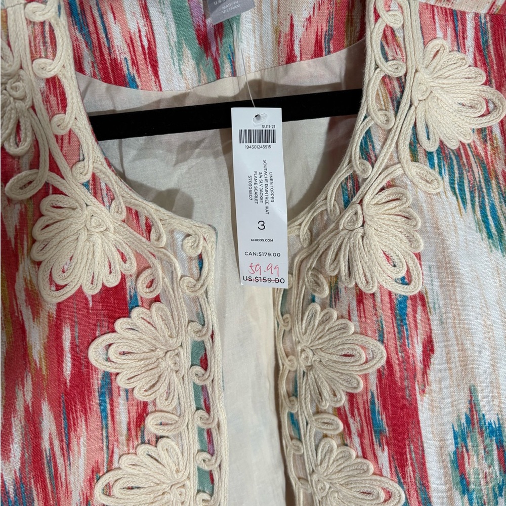Chico's Vibrant Patterned Cardigan with Lace Trim - Picture 4 of 6